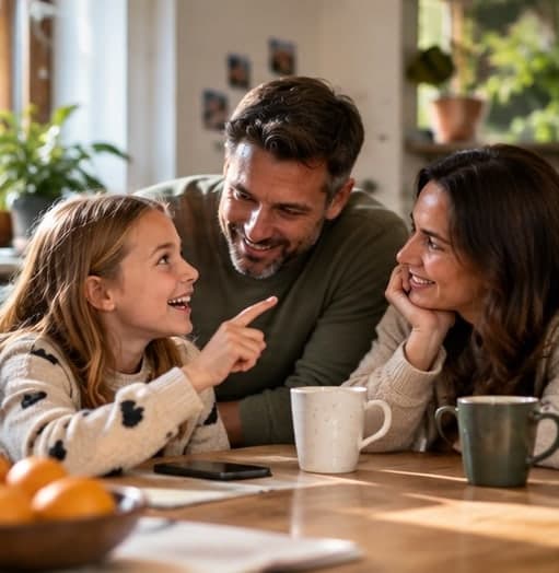 A girl excitedly sharing an idea with her parents at the kitchen table