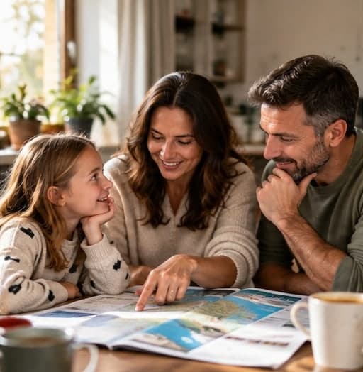 Mum pointing at a coastal map while her daughter and husband look on