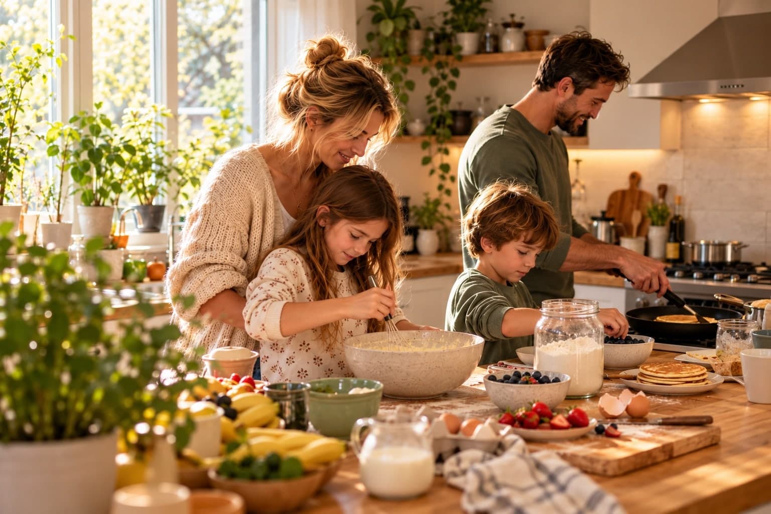 A family making pancakes together in a sunlit kitchen