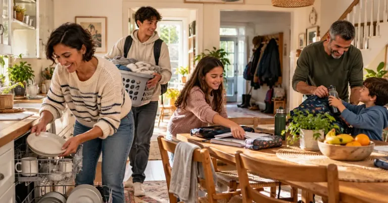 Family working together on everyday household tasks at home