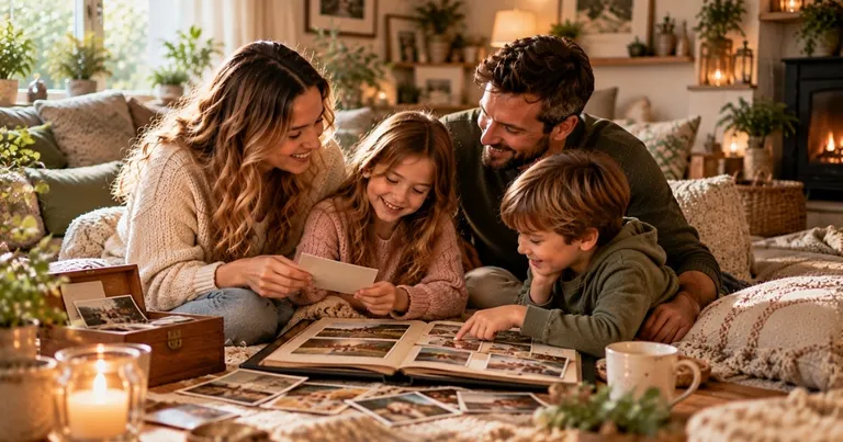 Family looking through photos and sharing memories together
