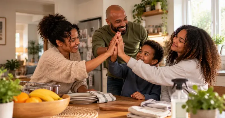 Family celebrating after working together on household tasks