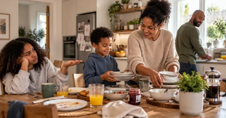 Family sharing household tasks after breakfast at home
