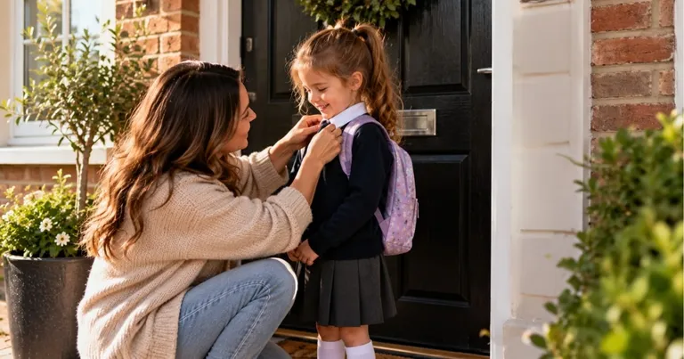 Mother and daughter continuing their first day of school family tradition