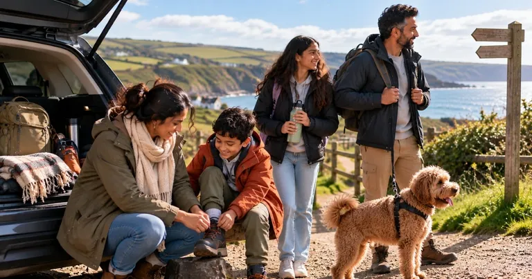 Family getting ready for a coastal walk beside their car