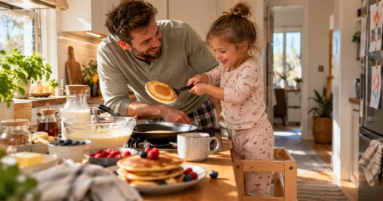 Father and daughter making pancakes together on a Sunday morning