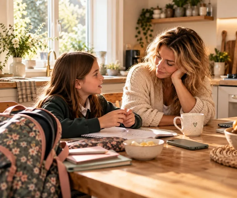 Mother listening to her daughter at the kitchen table after school