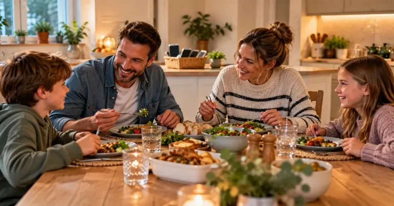 Family enjoying a screen-free dinner and conversation together