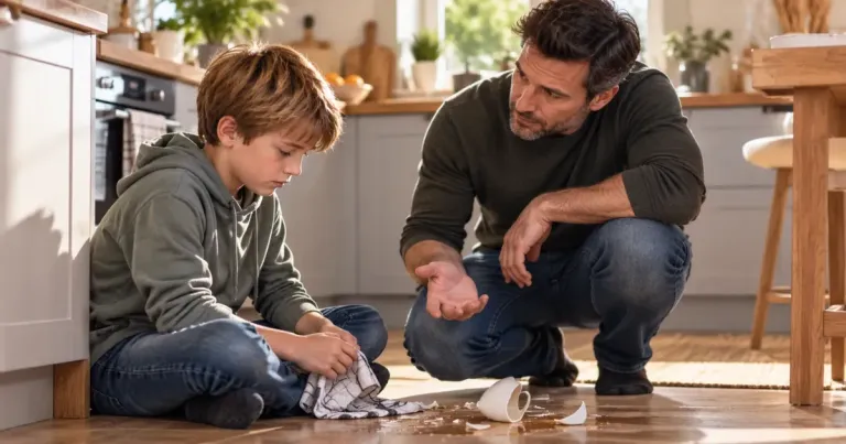 Father calmly talking to his son after a mug is accidentally broken