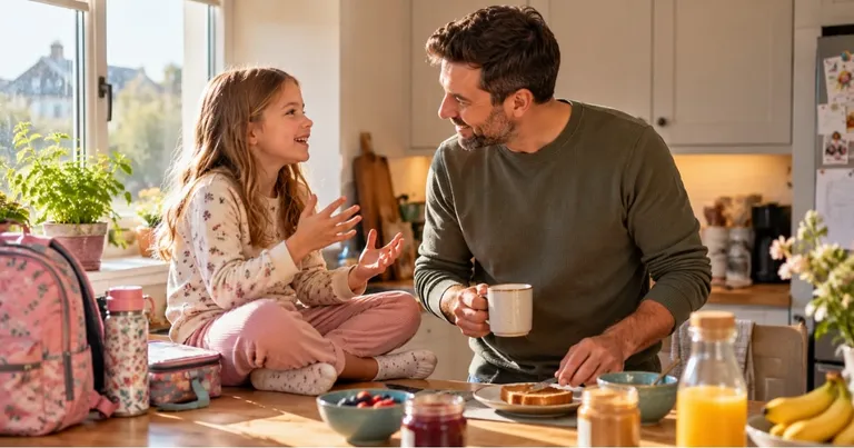 Father listening to his daughter during an ordinary family morning