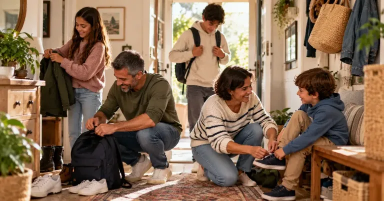 Family working together to get ready to leave the house