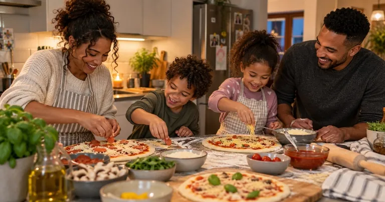 Family making homemade pizza together for their Friday night tradition