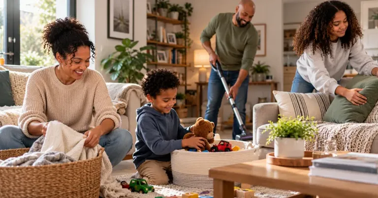 Family working together to tidy their living room