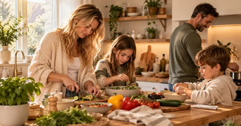 Family preparing a meal together in the kitchen