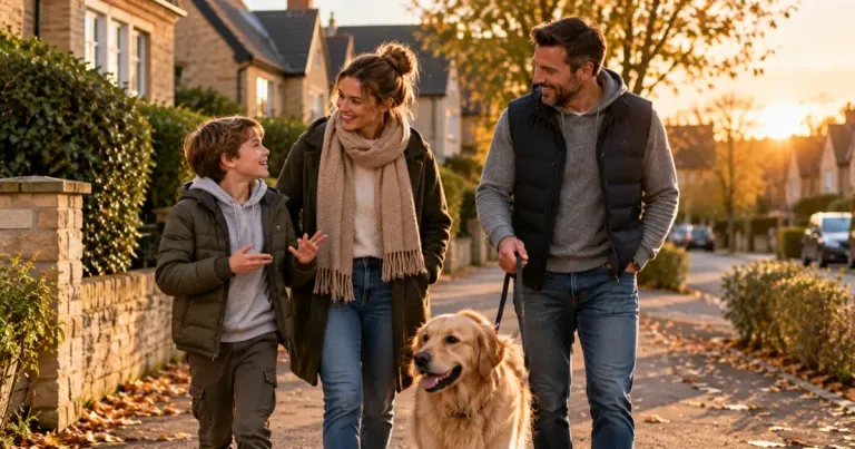 Family talking together while walking their dog through the neighbourhood