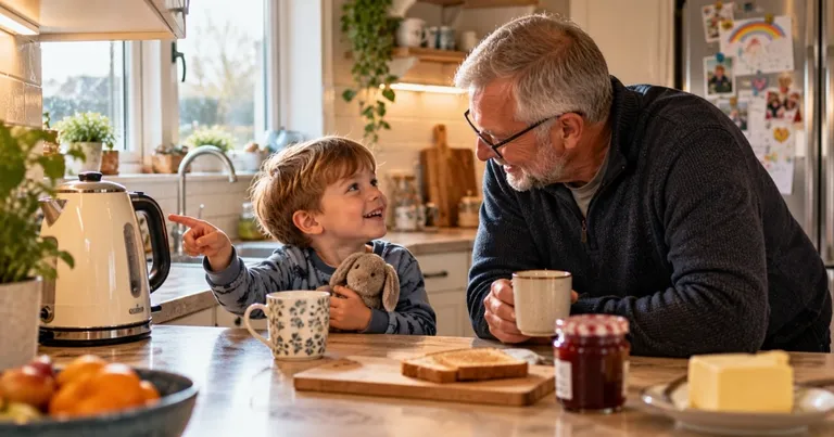 Grandfather sharing an everyday moment with his grandson in the kitchen