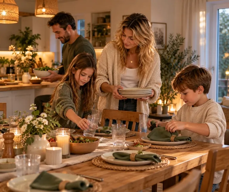 Family working together to set the dinner table