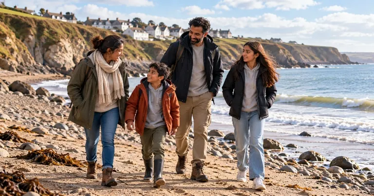 Family walking together along a coastal beach