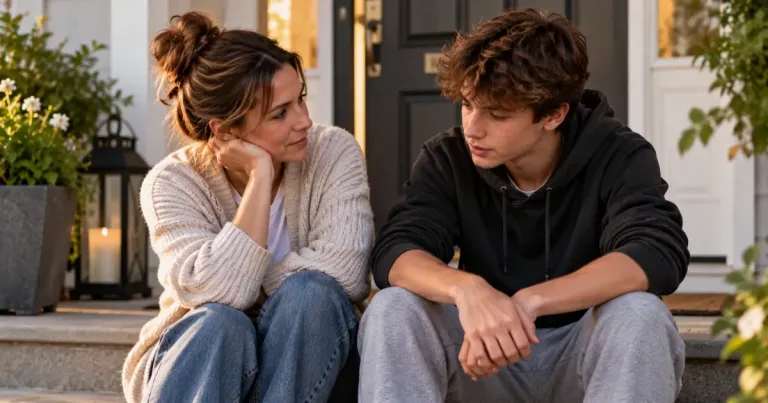 Mother listening to her teenage son during a quiet conversation at home