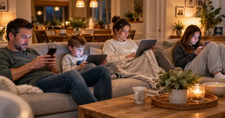 Family sitting together in the living room while using separate digital devices