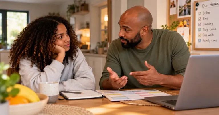 Father and teenage daughter talking about sharing household responsibilities