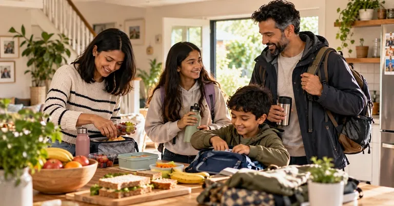 Family packing food and bags for a weekend day out