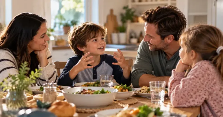 Family listening as a child shares a story during dinner