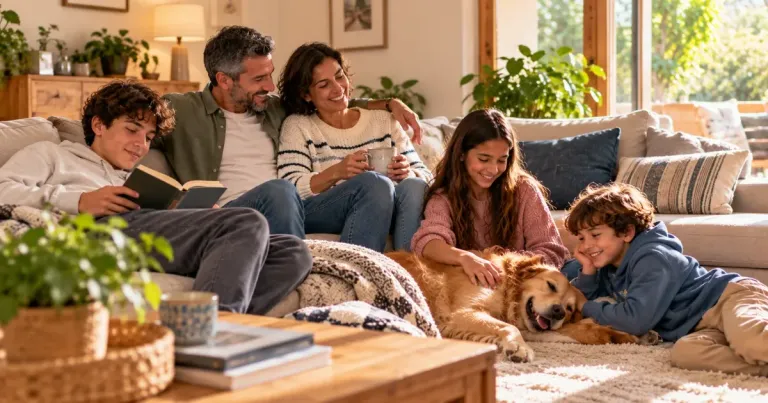 Family relaxing together at home while enjoying their own activities