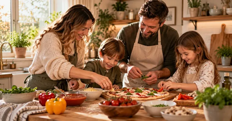 Family cooking dinner together in the kitchen