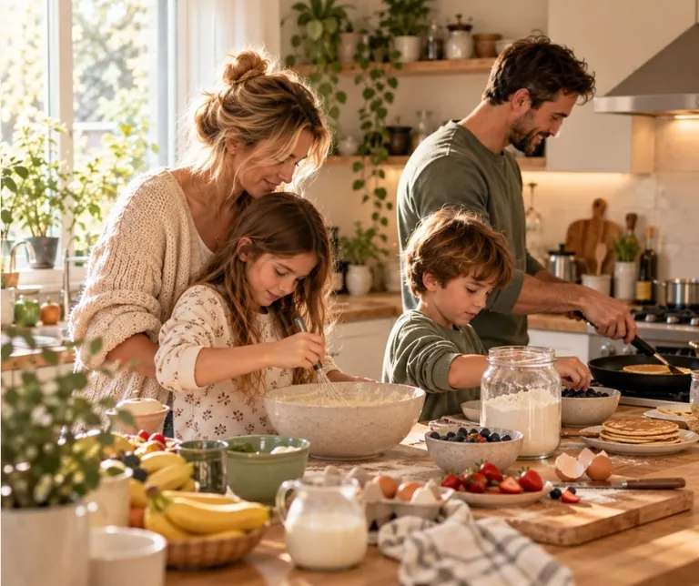 Family making pancakes together in the kitchen